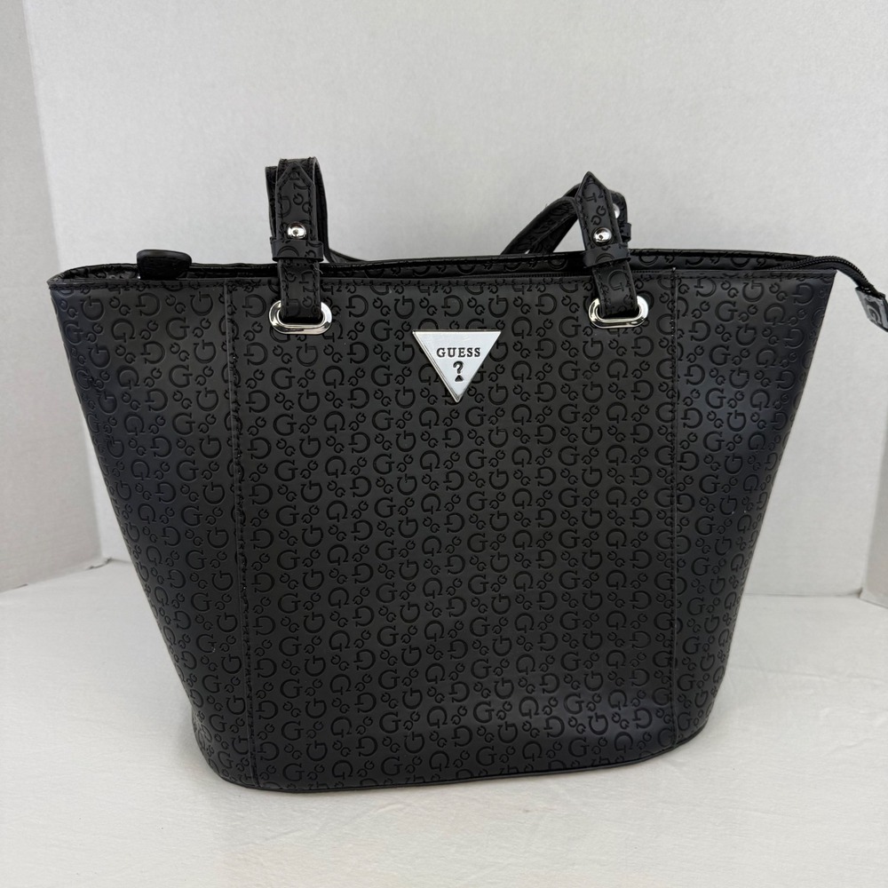 GUESS‎ Black Embossed Logo Tote Shoulder Bag Zip Closure Designer Accent